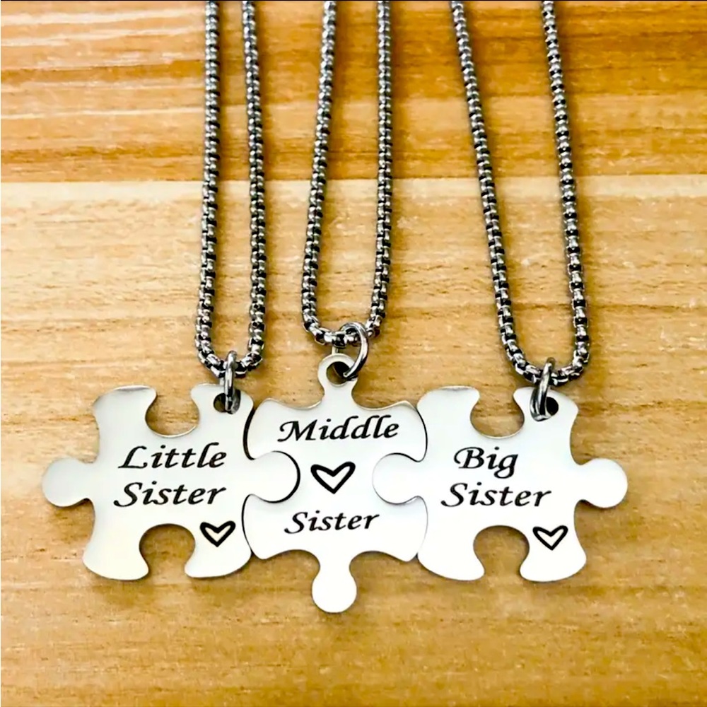 Necklace, sisters, Stainless St puzzle piece pendant.  NIP interlocking, 23.5”